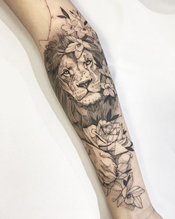 Lion Tattoo with Crown and Rose Tattoo Design