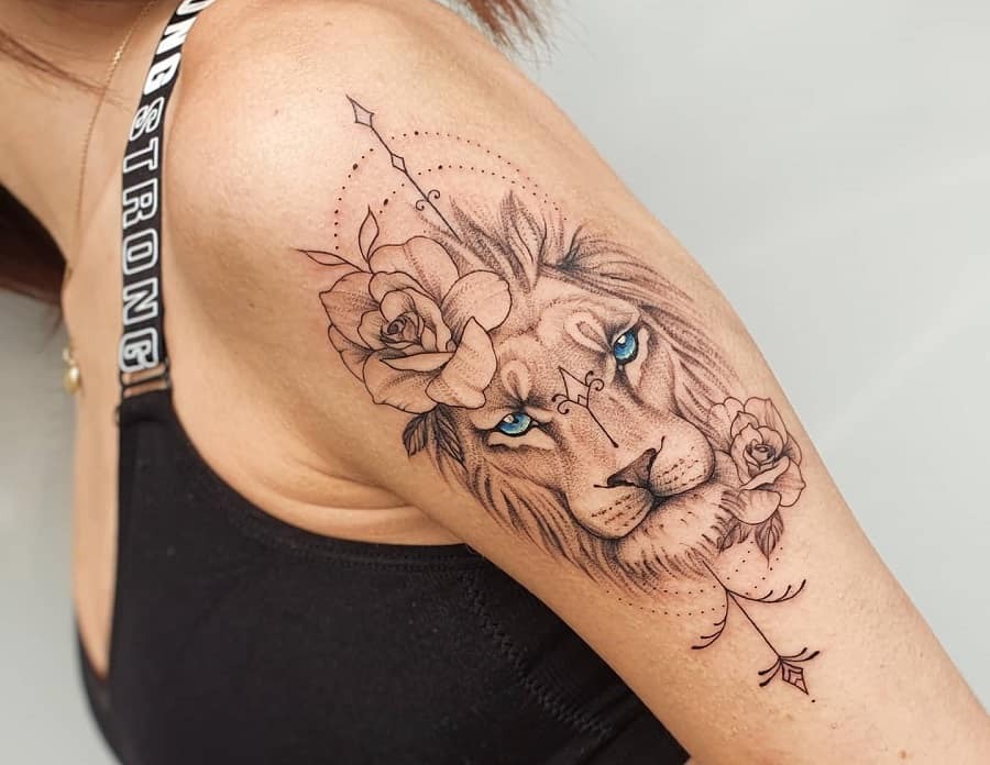 Naturally Colored Lion with Blue Flowers Tattoo Tattoo Design