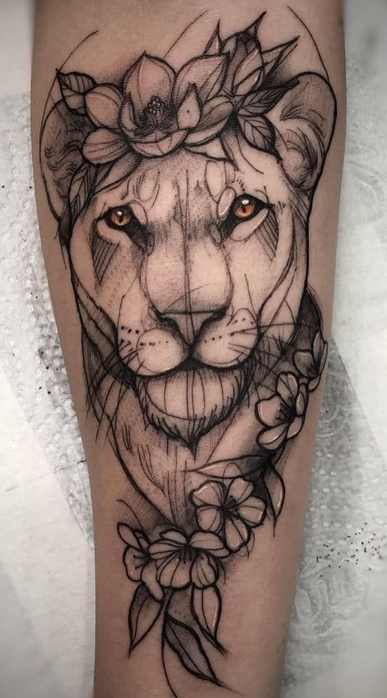 Photorealistic Lion and Flowers Tattoo on Forearm Tattoo Design