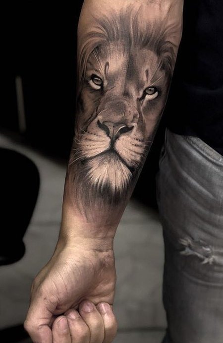 Yellow-Eyed Lion Face Tattoo with Script Tattoo Design