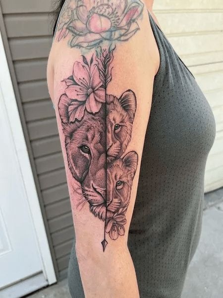 Arrow of Protection: Lioness and Cub Vertical Arm Piece Tattoo Design