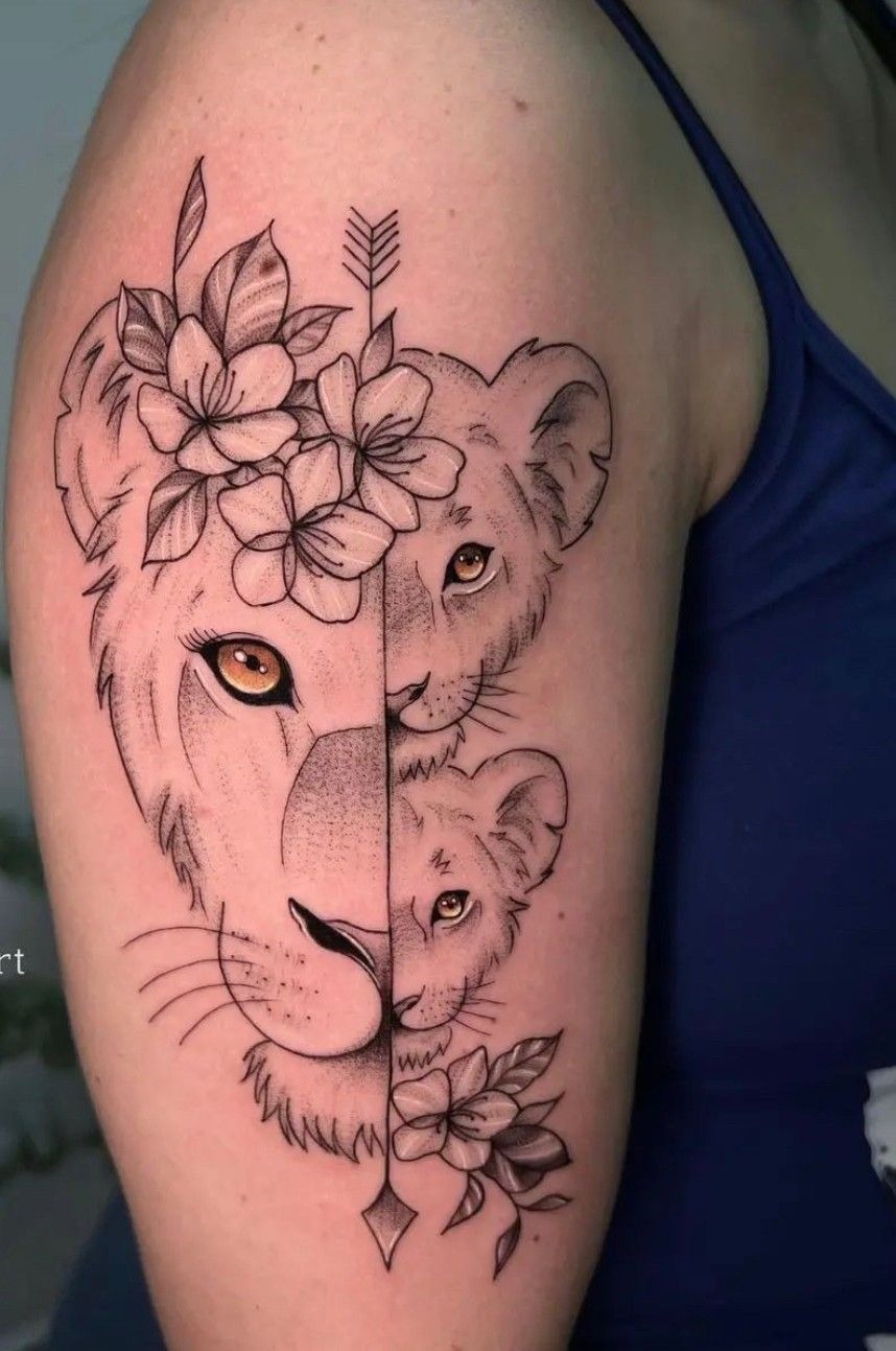 Arrow-Split Lioness with Cubs Upper-Arm Totem Tattoo Design