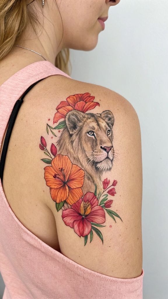 Color Bloom Lioness Shoulder Piece Tattoo Design