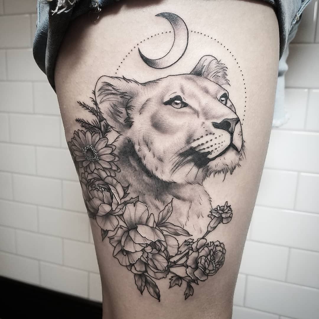 Geometric Bond: Lioness & Lion Forearm Piece Tattoo Design