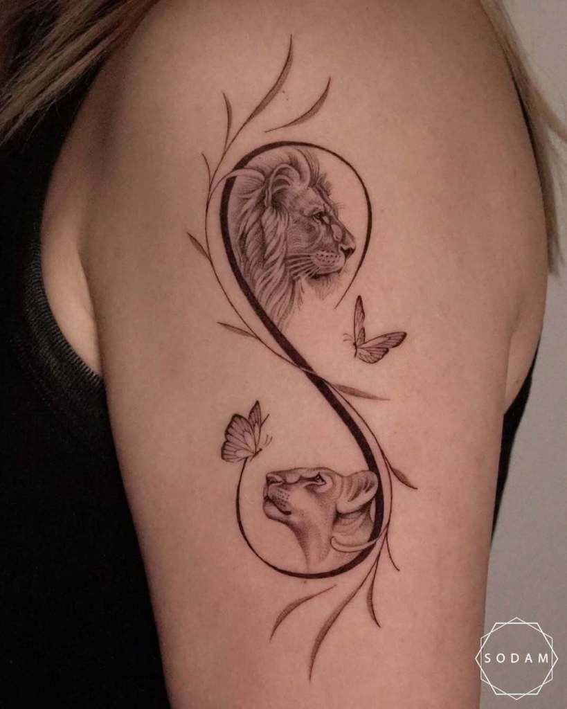Infinity Flourish: Lion & Lioness Balance Tattoo Design