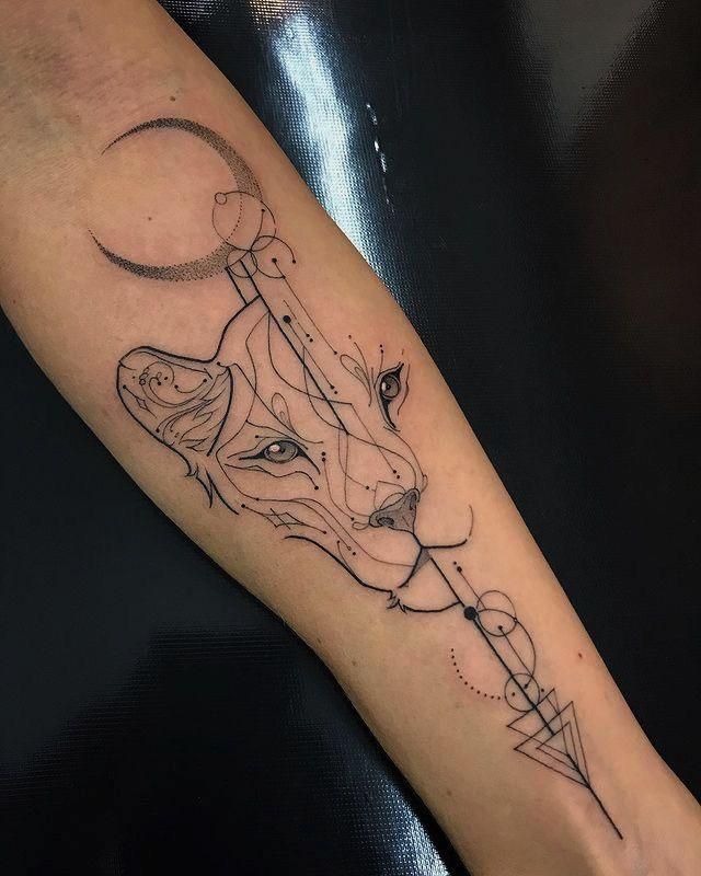 Lunar Linework Lioness with Arrow Tattoo Design