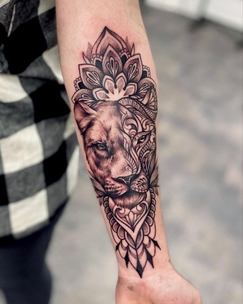 Mandala Crowned Lioness Forearm Tattoo Design