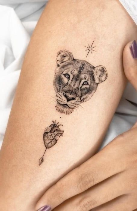 North Star Lioness and Anatomical Heart Mini Tattoo Design