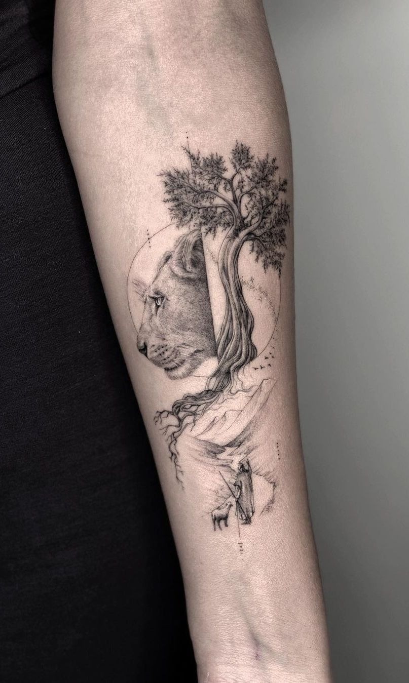 Rooted Guardian: Lioness with Tree Forearm Story Tattoo Design