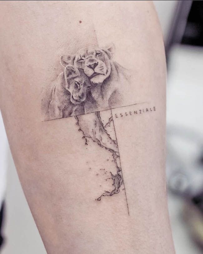 Soft Geometry Lioness Duo with Script Tattoo Design