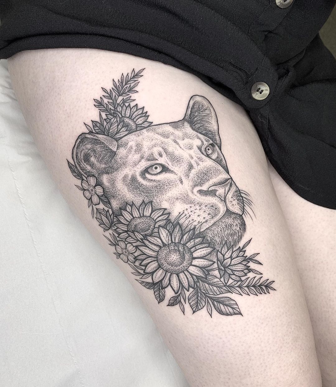 Sunflower Lioness Thigh Composition Tattoo Design