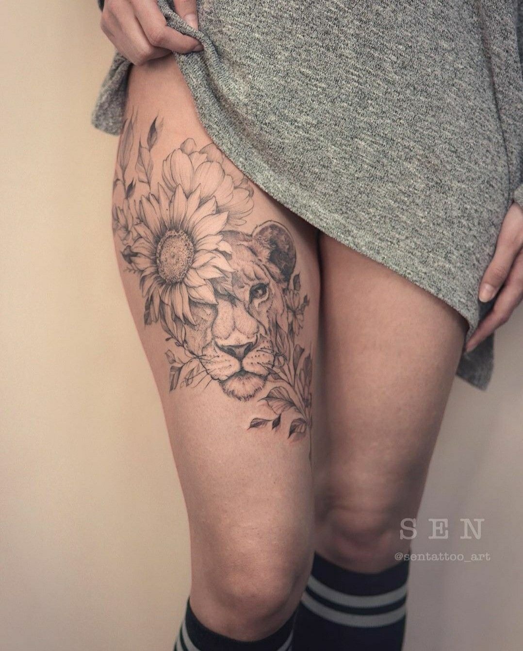 Sunflower Pride Thigh Composition Tattoo Design