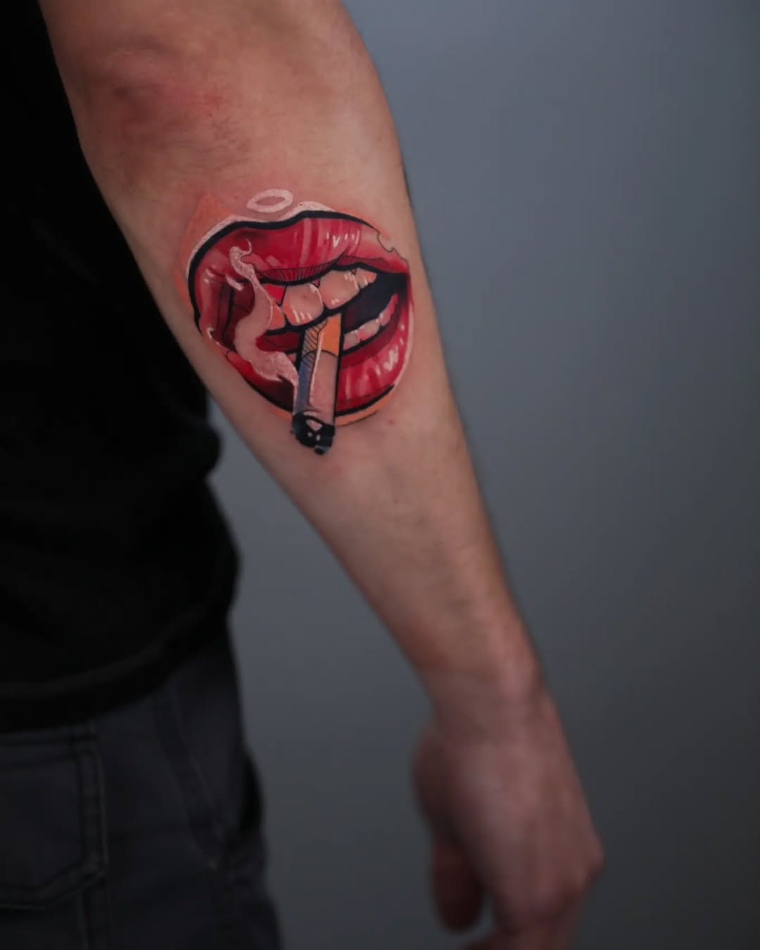 Bold Lip Tattoo with Cigarette Design Tattoo Design