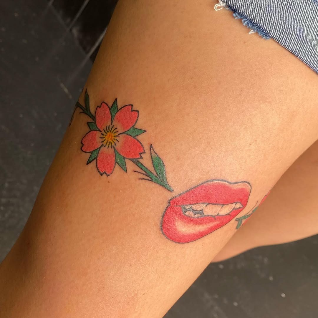 Vibrant Lips and Floral Tattoo Design Tattoo Design