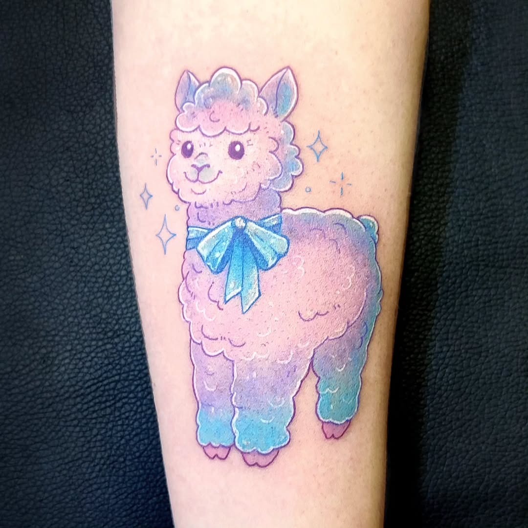 Adorable pastel llama with cute blue bow Tattoo Design