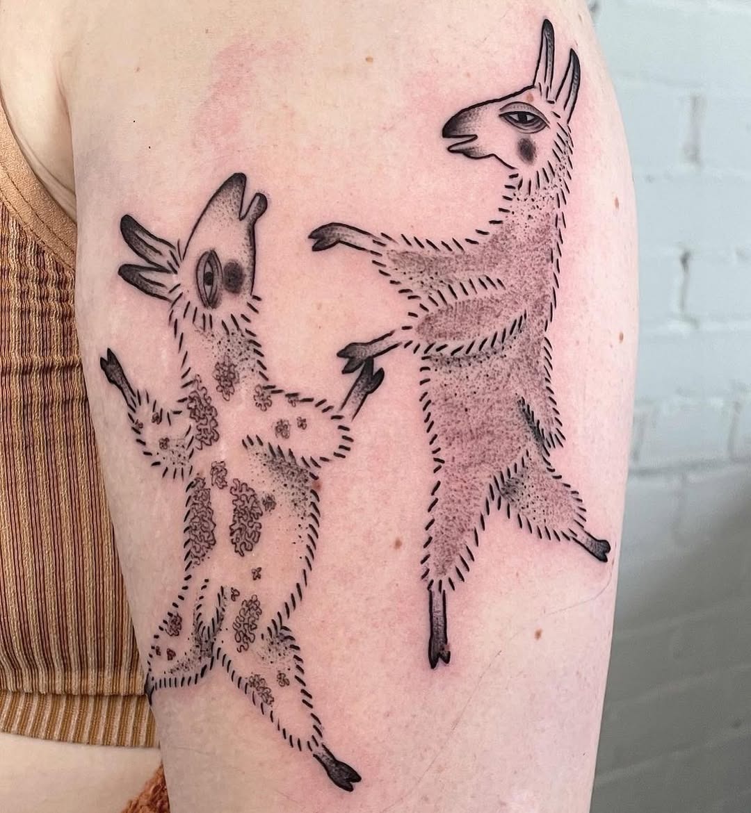 Charming llamas in a playful dance design Tattoo Design