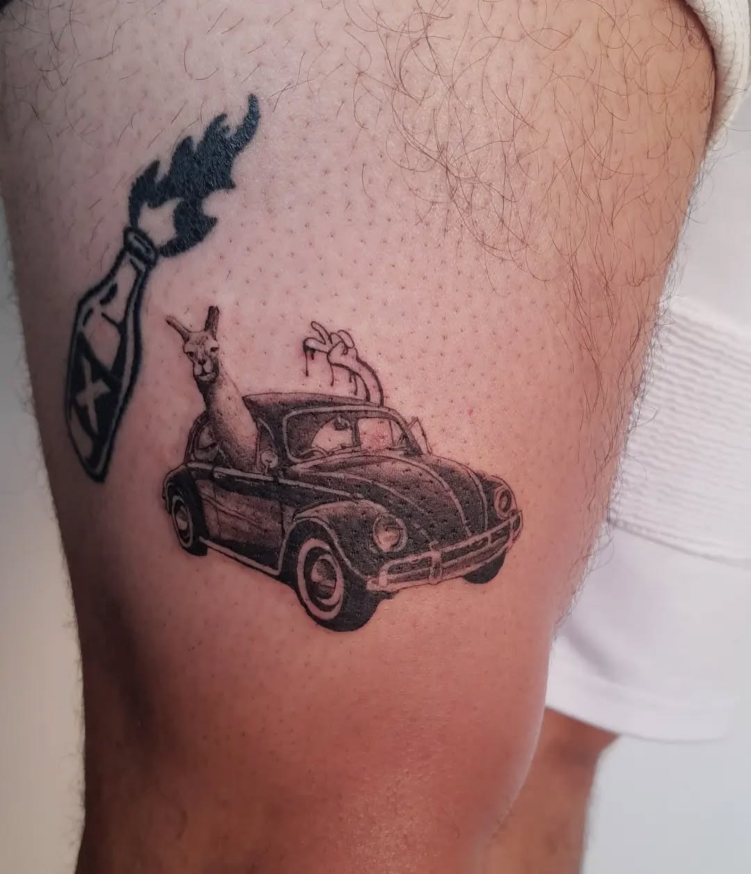 Lively llama tattoo cruising in a vintage car Tattoo Design
