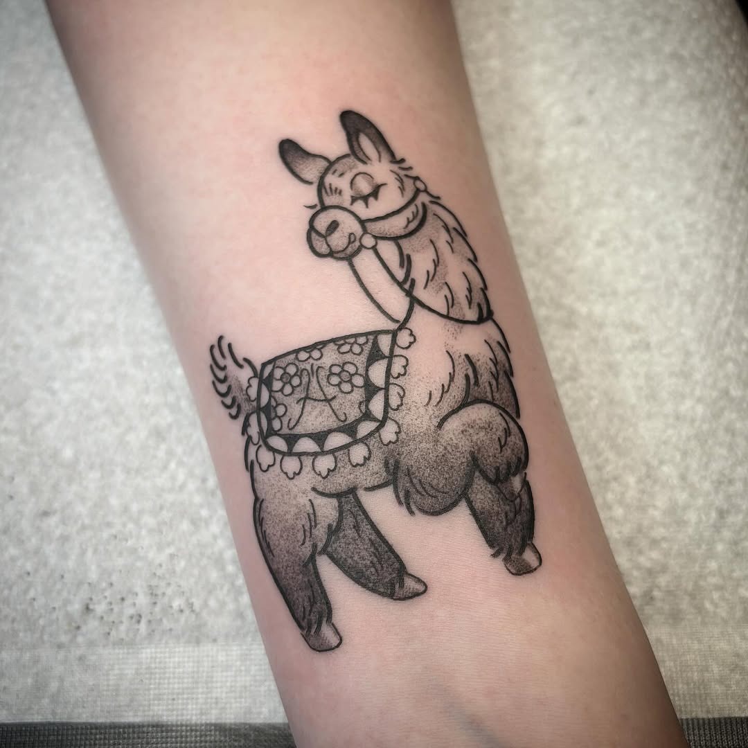 Playful llama tattoo showcasing vibrant personality Tattoo Design