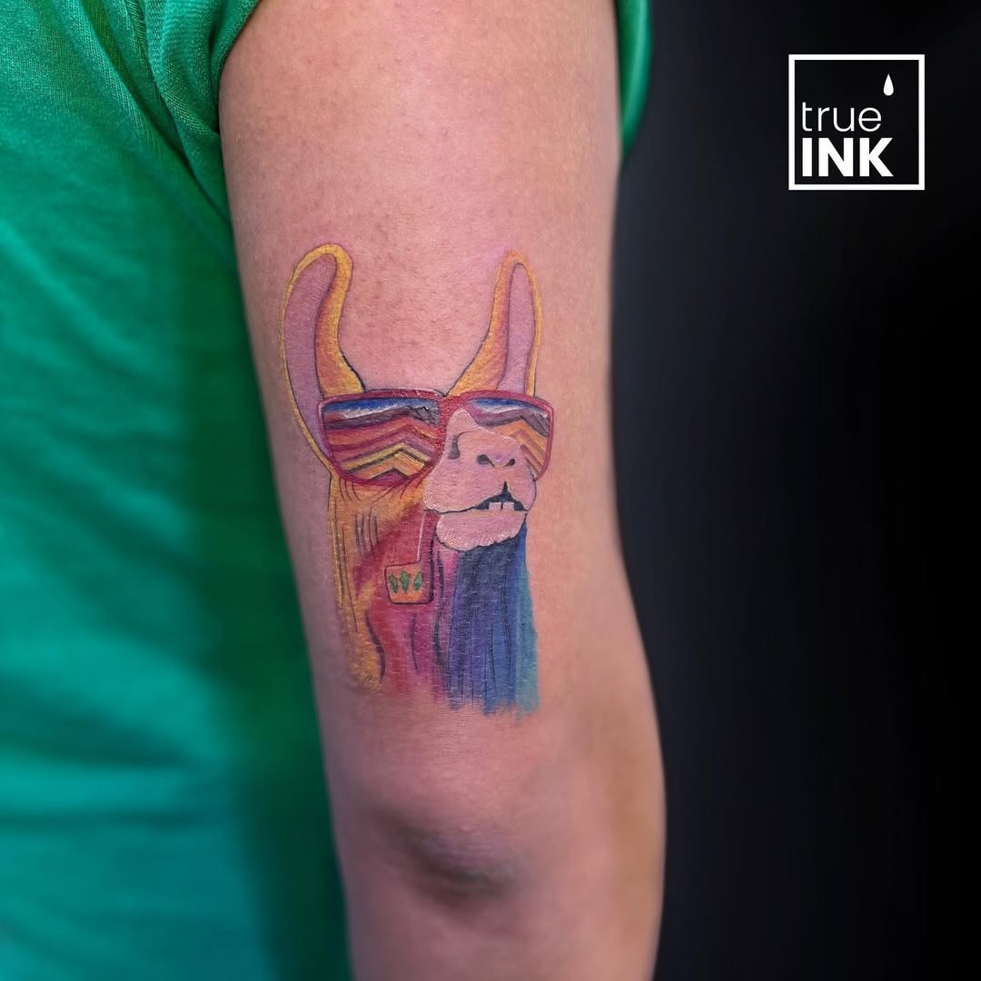 Vibrant llama tattoo in stylish sunglasses Tattoo Design