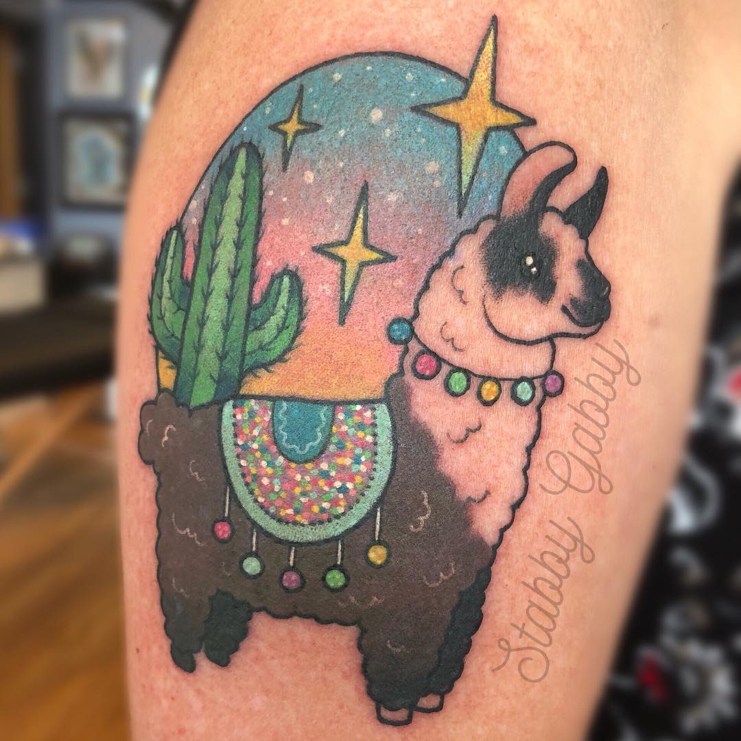 Vibrant llama tattoo with cosmic elements Tattoo Design