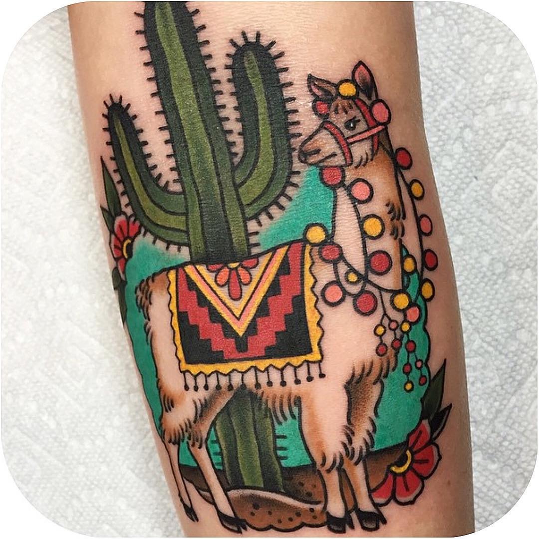 Vibrant llama tattoo with desert vibes Tattoo Design