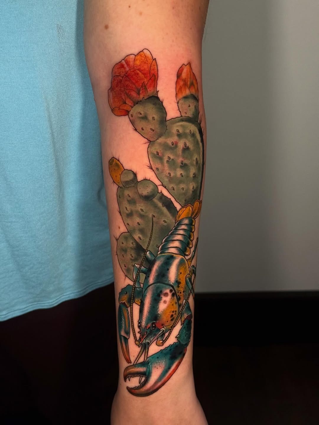 Colorful lobster tattoo with cactus elements Tattoo Design