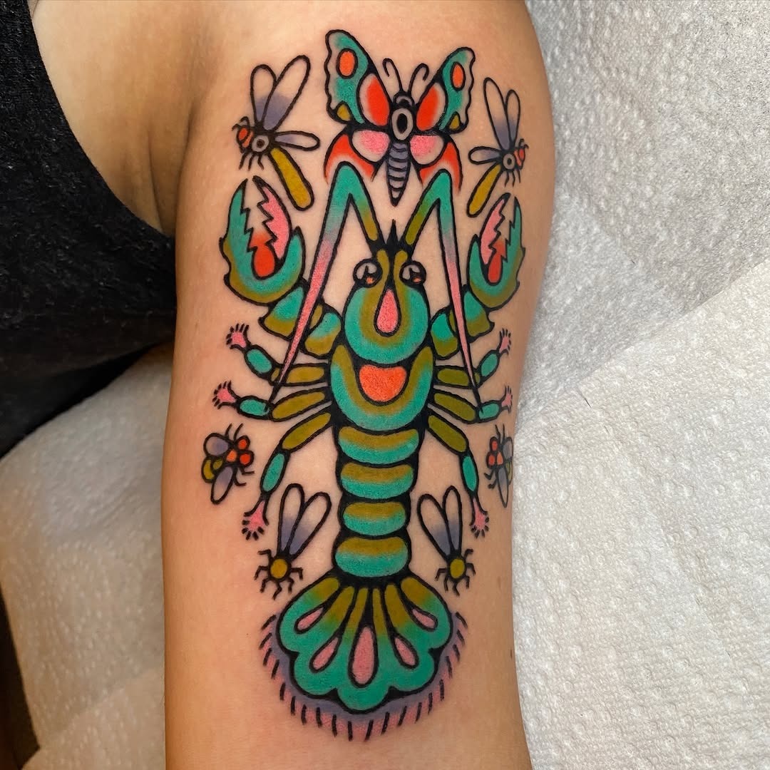 Colorful lobster tattoo with whimsical insects design Tattoo Design