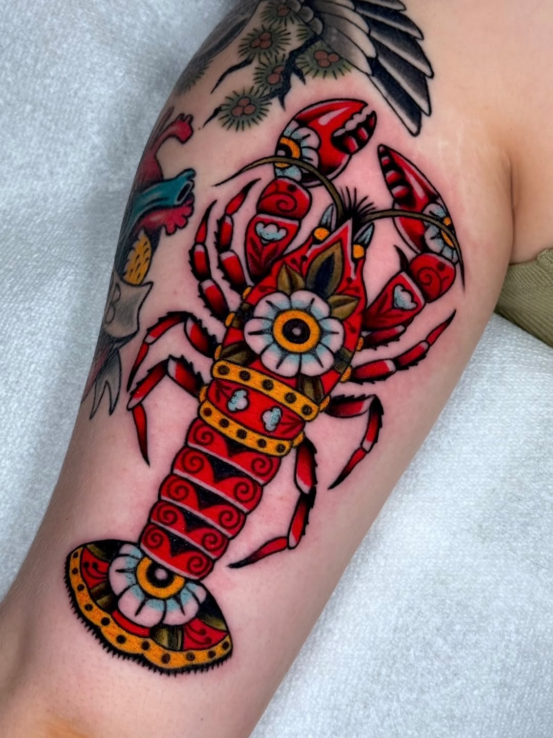 Vibrant Lobster Tattoo with Bold Colors Tattoo Design