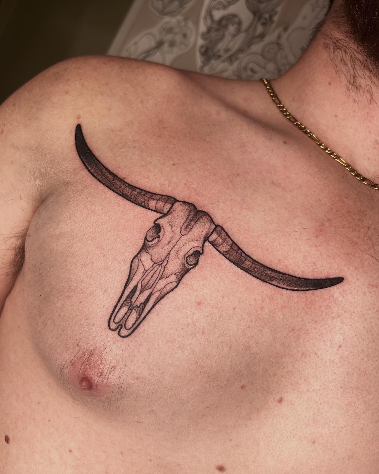 Angled Longhorn Skull Chest Tattoo Tattoo Design