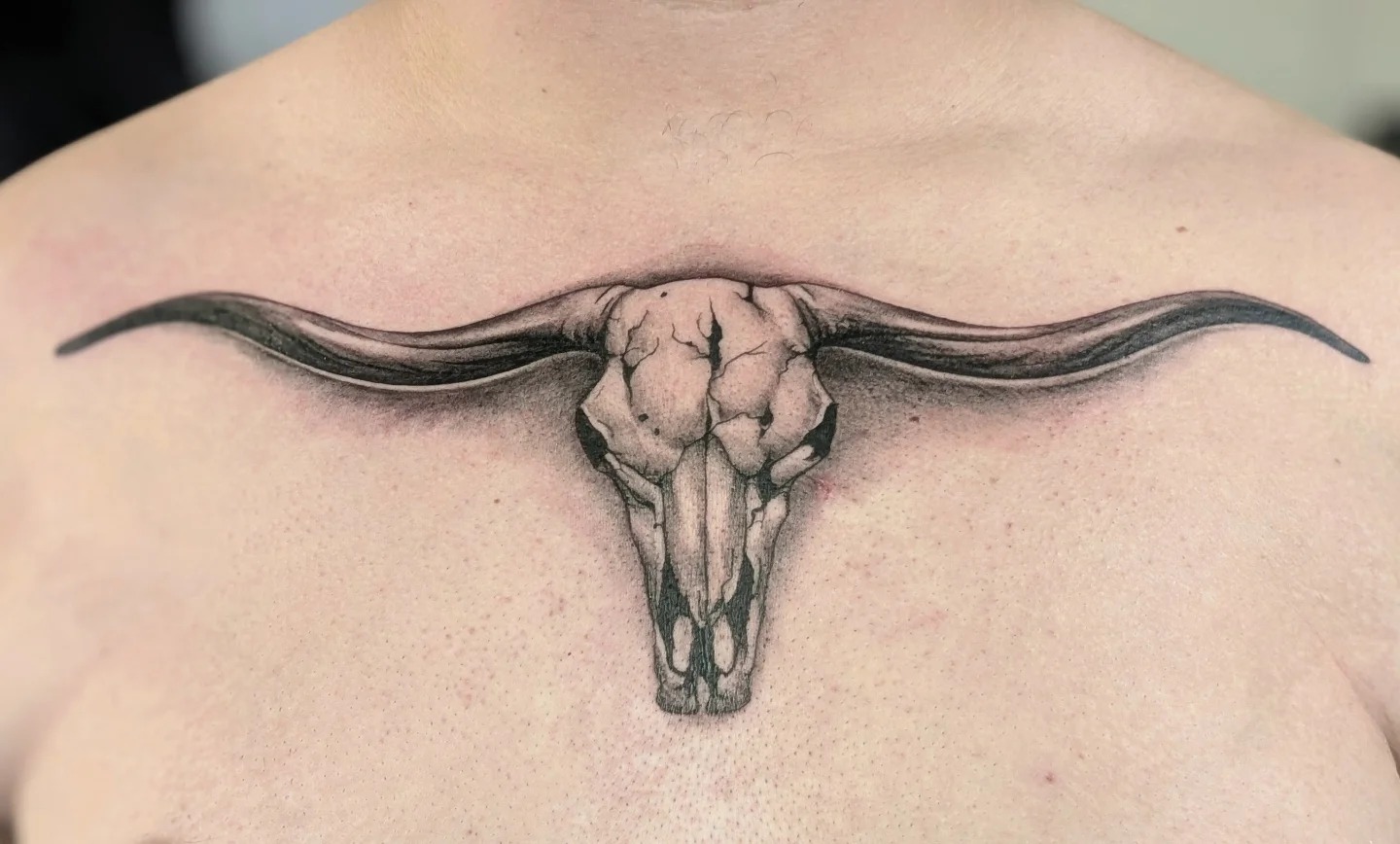 Cracked Longhorn Skull Chest Tattoo Tattoo Design
