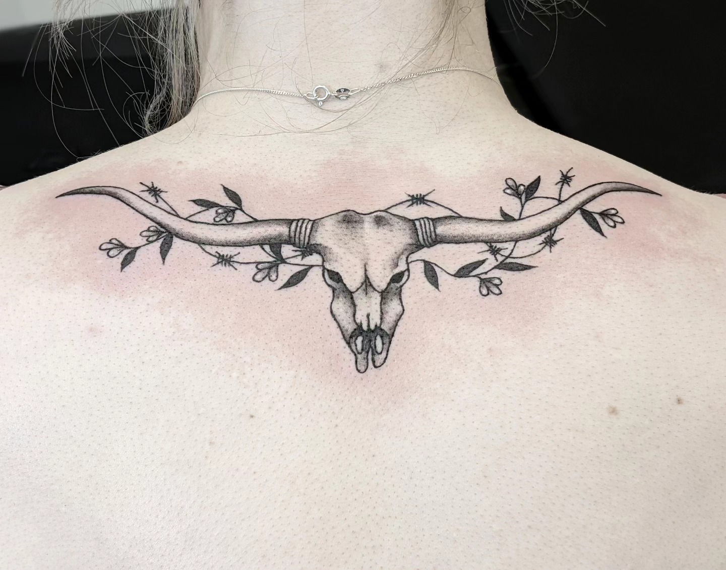 Floral Longhorn Skull Upper Back Tattoo Tattoo Design