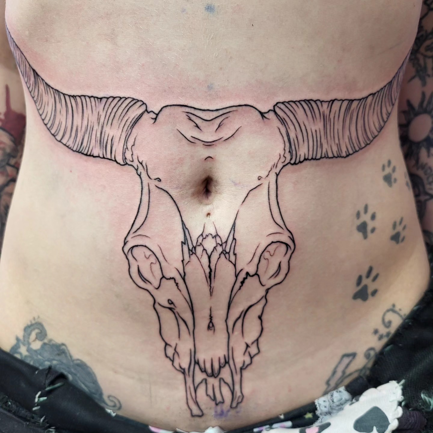 Navel Centered Longhorn Skull Stomach Tattoo Tattoo Design
