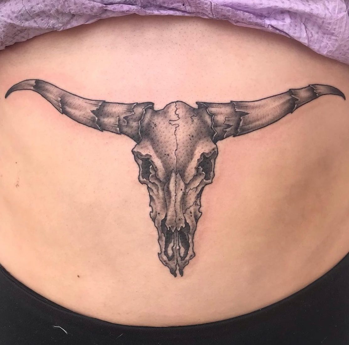 Weathered Longhorn Skull Stomach Tattoo Tattoo Design
