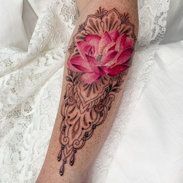Bold Red Lotus Tattoo with Ornate Details Tattoo Design