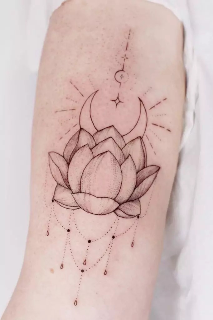 Celestial Lotus Tattoo with Crescent Moon Tattoo Design