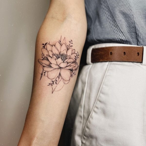 Detailed Lotus Flower with Fine Linework on Forearm Tattoo Design