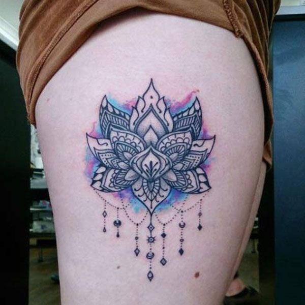 Mandala-Inspired Lotus Tattoo with Watercolor Background Tattoo Design