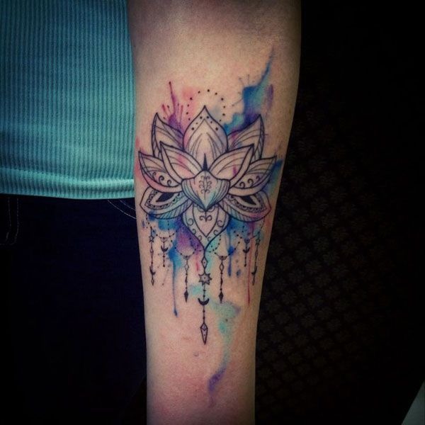 Watercolor Lotus Tattoo with Geometric Details Tattoo Design