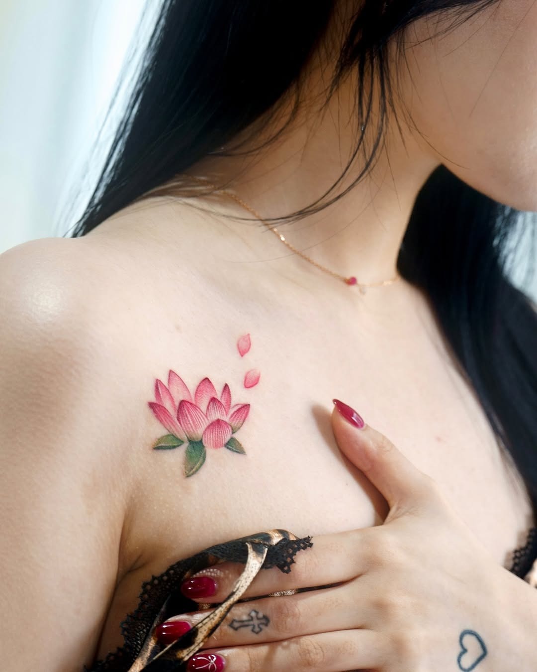 Delicate Pink Lotus Tattoo on Shoulder Tattoo Design