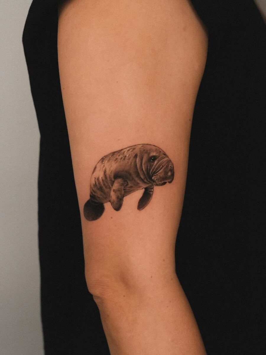 This tattoo showcases a beautifully detailed manatee, elegantly nestled on the arm.