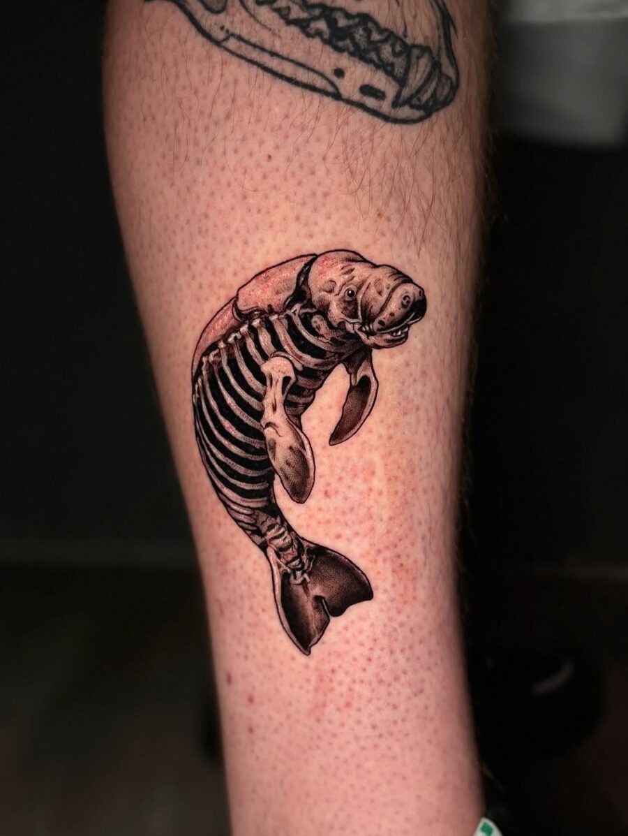 This striking tattoo combines a manatee with a skeletal design, showing a unique take on body art.