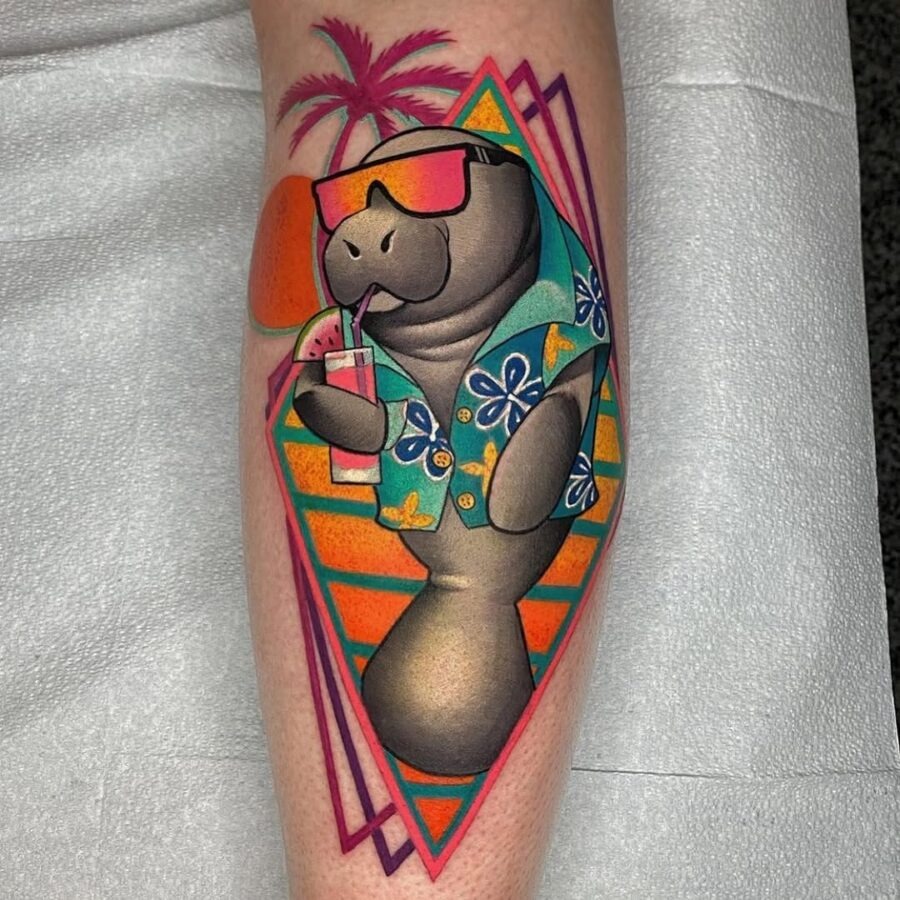 This tattoo features a lively manatee wearing sunglasses, embodying fun and relaxation.