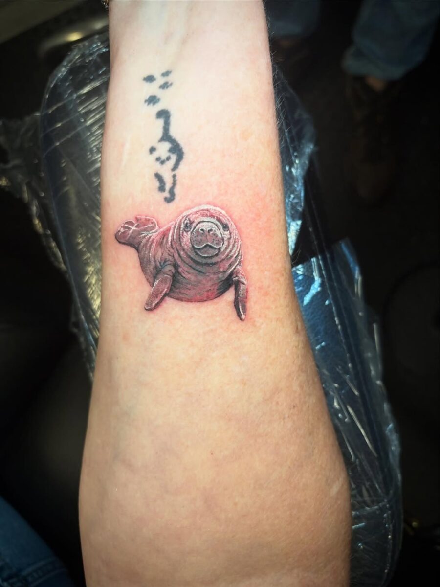 This tattoo captures a beautifully realistic manatee, highlighting its gentle features and soft lines.