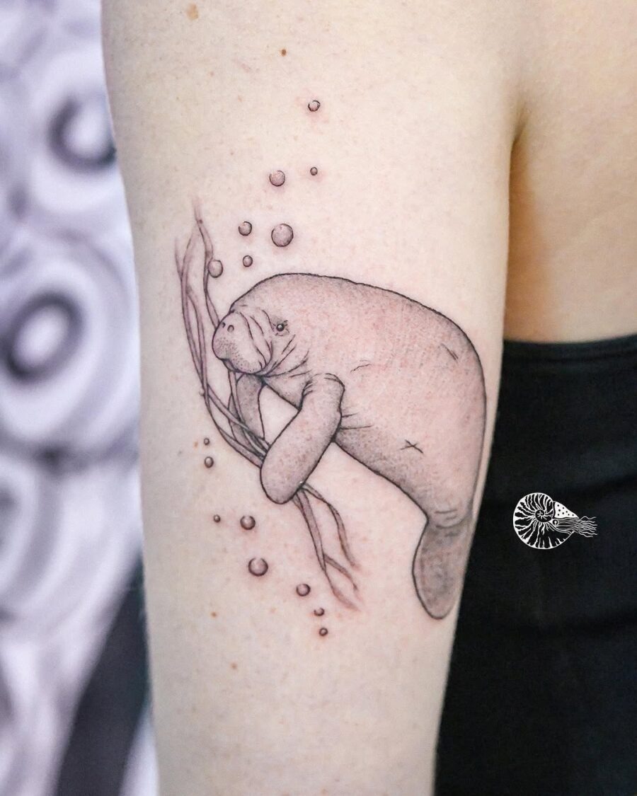 This delightful manatee tattoo features a gentle creature gracefully holding onto aquatic foliage.
