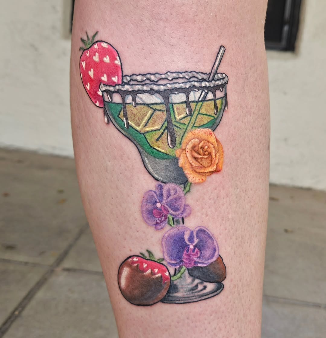 Vibrant tequila cocktail tattoo with floral accents Tattoo Design