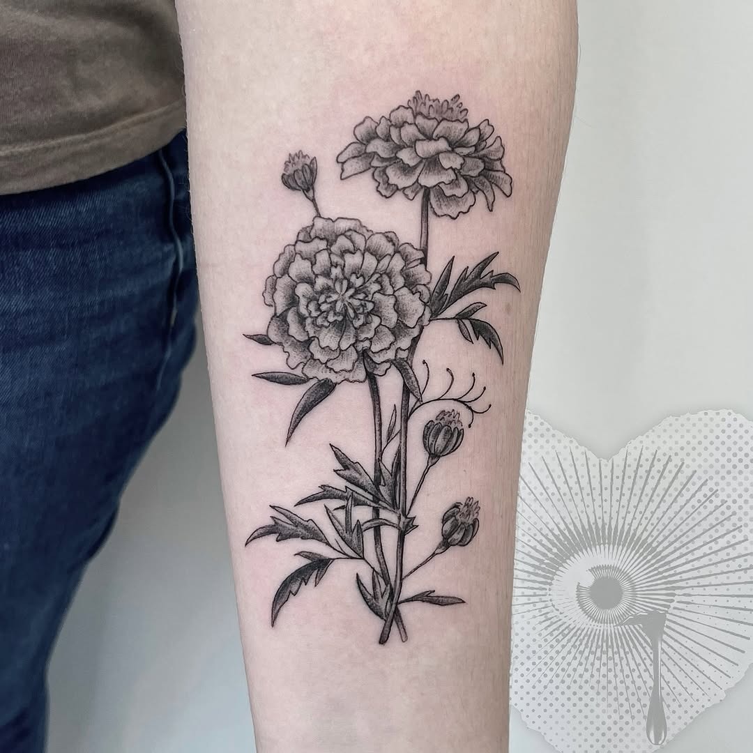 Elegant black ink marigold flower tattoo design Tattoo Design