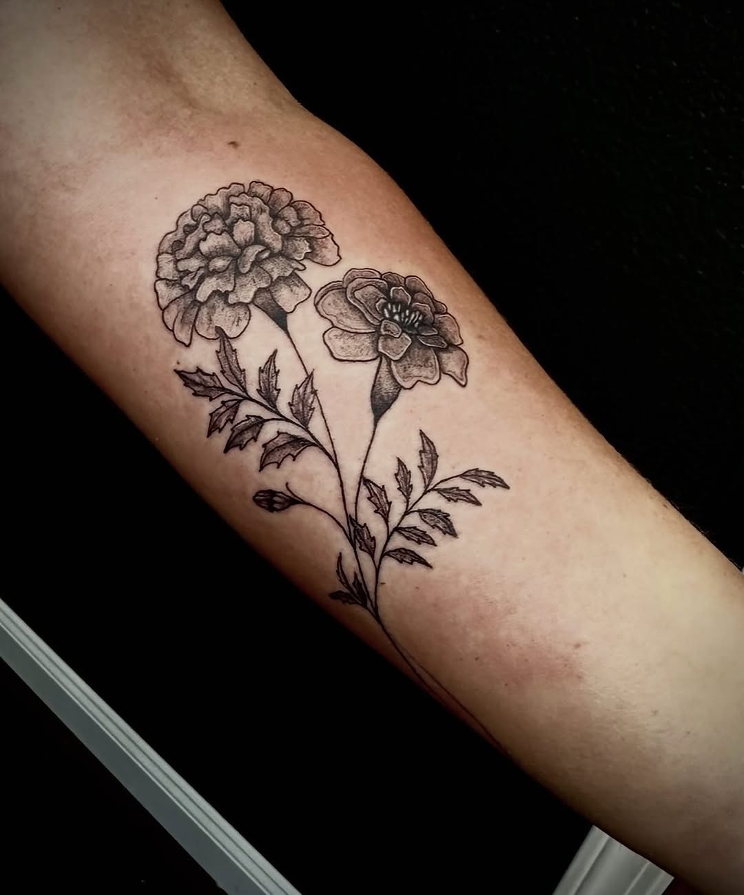 Elegant marigold tattoo design in black ink Tattoo Design