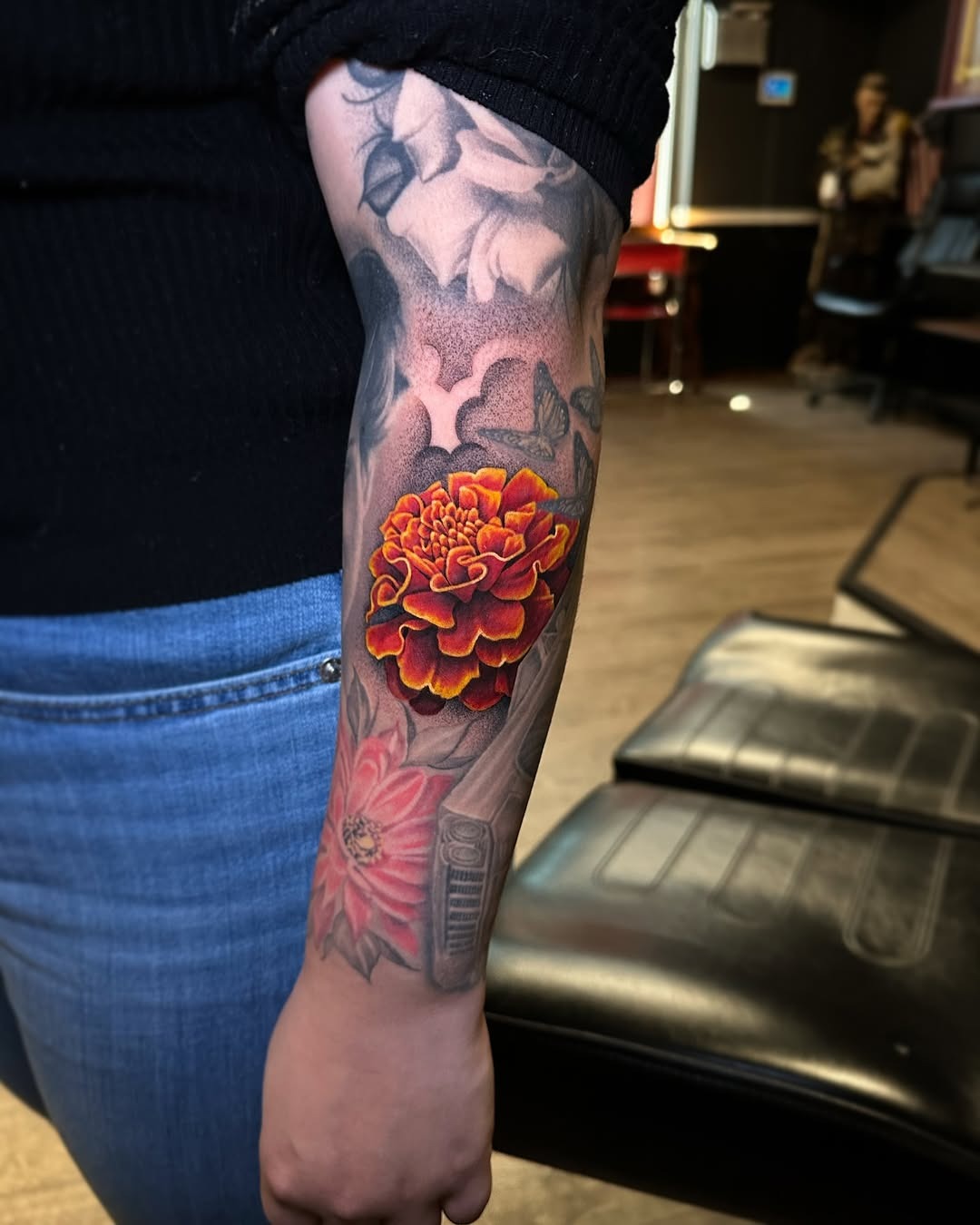 Vibrant Marigold Tattoo With Beautiful Detail Tattoo Design