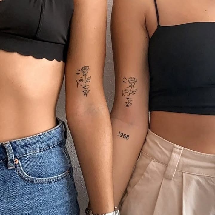 Abstract Face and Rose Line Art Tattoos for Best Friends Tattoo Design