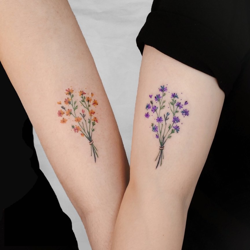 Colorful Baby's Breath Bouquet Tattoos for Best Friends Tattoo Design
